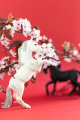 A white horse with pink flowers around it and in the background a black horse.