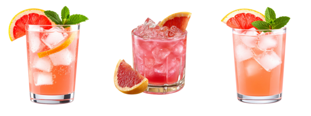 Tall Iced Pink Lemonade with Grapefruit Slice and Mint, Front View, Transparent Gator rough pink cocktail with grapefruit slice, transparent background, png  