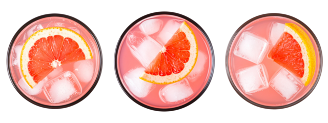 Set of Top-Down View of Pink Grapefruit Lemonade in Highball Glass, Transparent Background