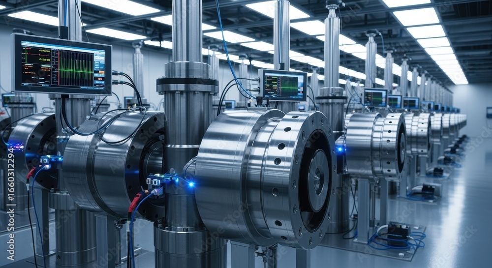 Aufkleber hightech workshop showing rows of sleek uranium enrichment rotors undergoing vibration analysis and 
