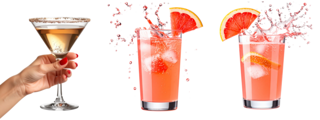 Pink Lemonade Splashing in Glass with Grapefruit Wedge in Motion, Transparent PNG Retro-Inspired Female Hand with Red Nails Holding Cocktail Glass, Transparent Background 