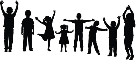 PrintSilhouettes of eight children in playful poses with raised arms, standing in row, energetic vector illustration for childhood and activity themes