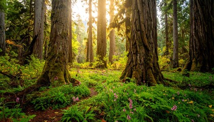 Obraz premium Sunlight filters through towering trees in a vibrant, mossy forest floor, filled with wildflowers.