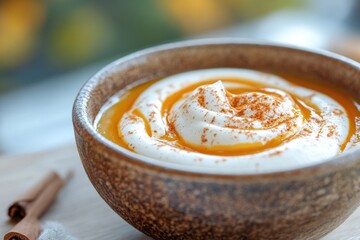 Creamy pumpkin soup with swirls of cream and cinnamon in rustic bowl