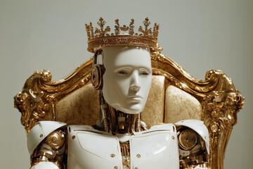Android robot sitting on a golden chair wearing a golden crown. Concept of robots taking control over humanity. 