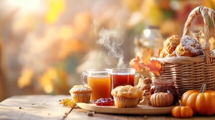 Fototapeta premium Autumn harvest gathering: cozy breakfast with warm drinks and fresh pastries in fall setting