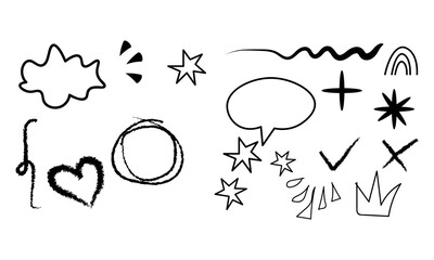 Assorted abstract black doodles including speech bubble, heart, crown, and star elements isolated on white