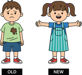 Sad boy with stained shirt and happy girl in striped dress showing old and new character comparison vector cartoon illustration design