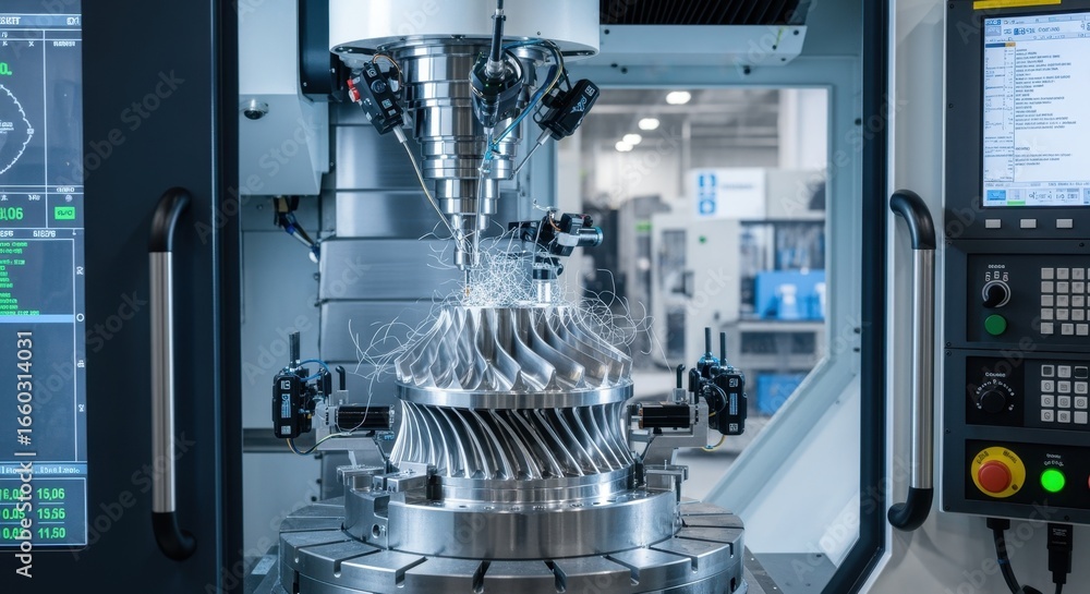 Poster multiaxis cnc machining center equipped with precision sensors ensuring dimensional accuracy of rock