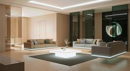 Fototapeta premium Contemporary Living Room with Sleek Design, Soft Lighting, Modern Furniture, and Minimalist Aesthetic in Neutral Tones