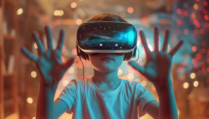 Boy in virual reality. Boy use virtual reality glasses For playing the games in room