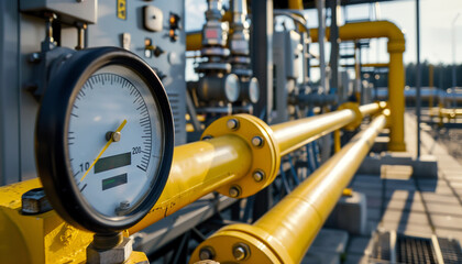 Fototapeta premium Pressure meter and red faucet with steel yellow pipe in gas