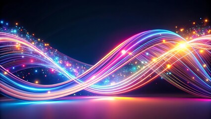 3d abstract liquid glass transparent ribbon wave line on dark blue background. Render gradient water tape, fluid flow curve shape with flare and light refraction on neon black bg.crystal, curve, effec