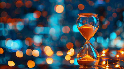 hourglass with sand against dark background with bokeh lights
