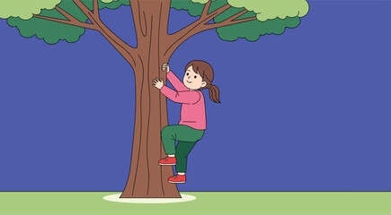 Young girl climbing tree in park wearing pink sweater and green pants, enjoying outdoor adventure, nature exploration, and healthy active lifestyle vector illustration