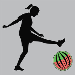 Woman kicking soccer ball shaped like watermelon silhouette vector design art and illustration