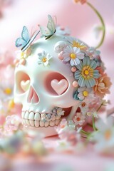 Whimsical skull with floral accents and butterflies on pink background