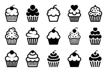 A Collection of Stylized Black and White Cupcake Icons