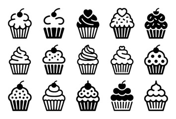 A Collection of Stylized Cupcake Icons with Cherries and Hearts