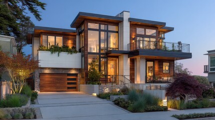 Fototapeta premium Modern Architectural Design of a Luxury Home at Dusk with Large Windows, Beautiful Gardens, and Warm Light in the Charming Neighborhood Setting
