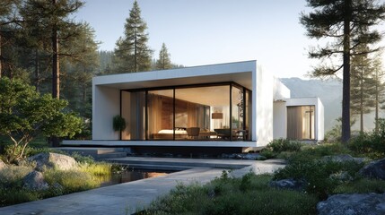 Modern minimalistic house surrounded by nature with glass facade, large windows, and serene landscape showcasing harmony with the environment