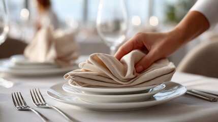 Waiter prepares elegant table setting at upscale restaurant showcasing fine dining experience and attention to detail