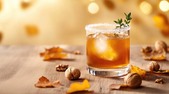 Autumn cocktail with ice and thyme garnish on wooden table surrounded by leaves and walnuts