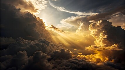 Sunbeams breaking through dramatic storm clouds creating an ethereal sky atmosphere