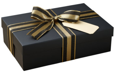 A stylish black gift box adorned with a gold striped ribbon and a blank tag, perfect for special occasions.
