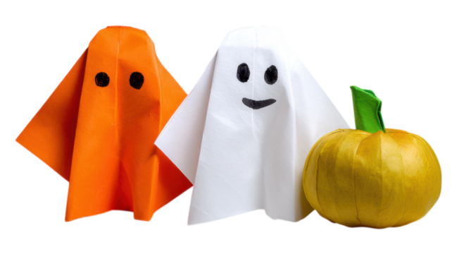 Two colorful ghost figures made from paper, one orange and one white, alongside a yellow pumpkin, create a festive and playful Halloween scene. - Powered by Adobe