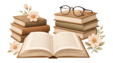 Watercolor clipart of cozy reading scenes with open books, book stacks, reading glasses, and floral accents.