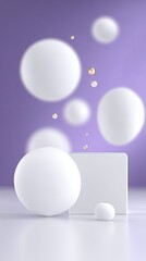 Floating White Spheres and Geometric Shapes on Purple Background