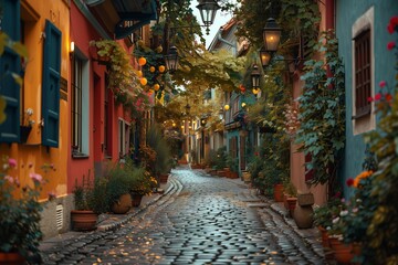 Fototapeta premium Charming cobblestone alleyway adorned with colorful buildings and lush greenery, creating a picturesque escape.