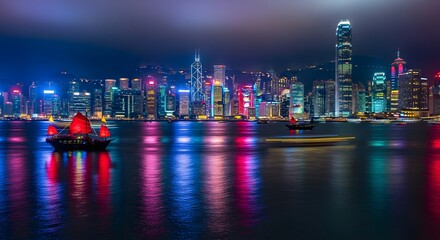 Fototapeta premium Photo of hong kong skyline at night with illuminated buildings and traditional boats on the harbor