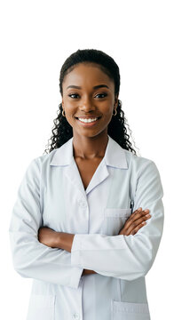 M&eacute;dica ou profissional da sa&uacute;de mulher negra confiante de jaleco branco com bra&ccedil;os cruzados e sorriso &ndash; fundo transparente