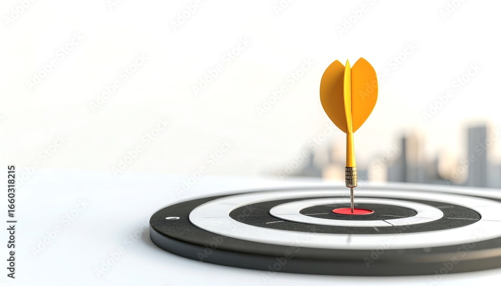 Poster a bright yellow dart perfectly positioned in the bullseye of a dartboard, signifying precision and h