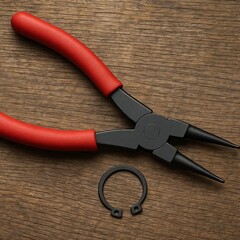Red handled snap ring pliers alongside a circular retaining ring on a wooden surface