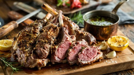 Grilled lamb shoulder with herbs on wooden cutting board, sliced to show tender pink meat, served with lemon halves, garlic cloves and herb sauce in rustic kitchen setting