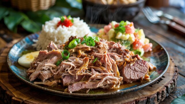 Hawaiian kalua pork traditional plate with tender shredded smoky meat served with white rice and macaroni salad on rustic wooden platter