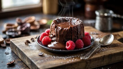 Chocolate dessert lava cake with molten center and fresh raspberries on rustic wooden board with powdered sugar and spoon