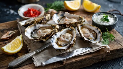 Fresh oysters served on rustic wooden board with lemon wedges, sauce bowls and oyster knife on textured cloth