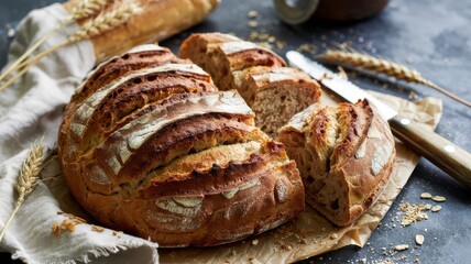Artisan crusty loaf sourdough bread with golden brown crust and decorative scoring on dark slate surface