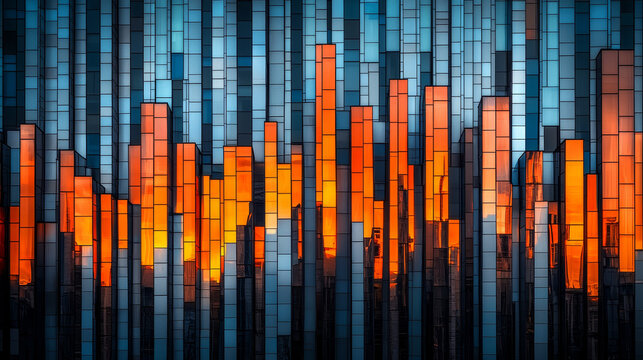 Stunning architectural design featuring vibrant facade with reflective glass panels in shades of blue and orange, creating mesmerizing visual effect at sunset