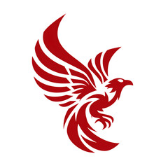 Graphic red phoenix on black shows stylized bird with fiery look for logo, tattoo design, or mythological branding.
