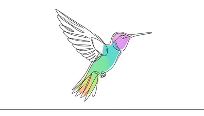 A colorful hummingbird in flight, depicted using a single continuous line drawing technique, showcasing vibrant hues and a dynamic pose.