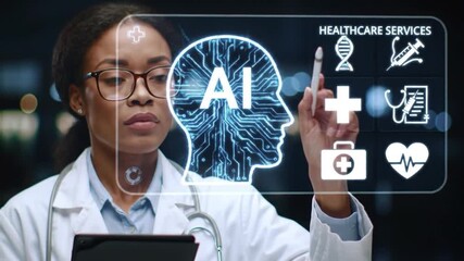 African American female doctor utilizing AI in healthcare services via advanced holographic interface for future medical technology and digital patient care - Powered by Adobe