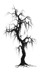 Dark eerie tree artwork contrasts on black, offers unique digital background for social media, or creative video backdrop.