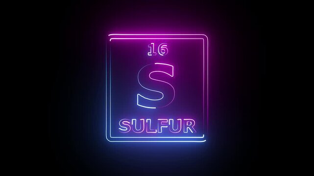 Sulfur neon animation symbol. Chemical element of the periodic table on black background.