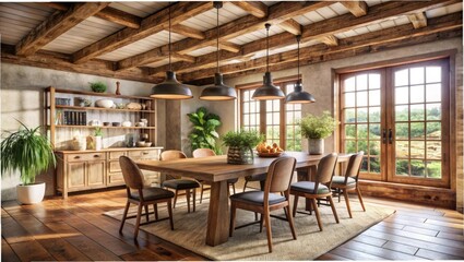 rustic dining room interior with wooden beams, farmhouse table, and vintage chairs.