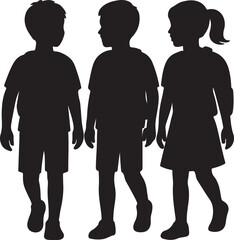 Silhouette of three children walking side by side together vector illustration